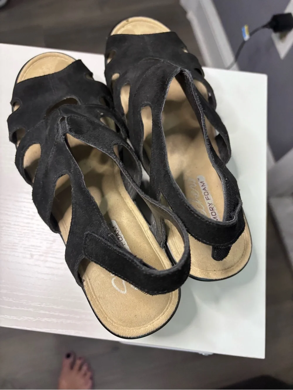 Skechers Memory Foam Black Suede Cutout Slingback Wedge Sandals 8.5